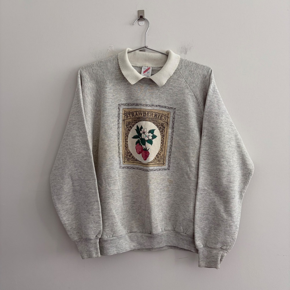 Vintage Jerzees Strawberries Collared Sweatshirt Gray Large Made in USA